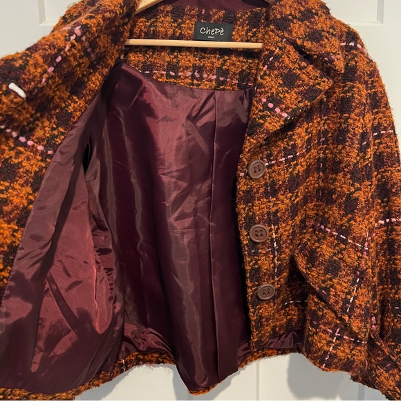 Chepe Italy Wool Cotton Blend Tweed Orange Burgundy Plaid Jacket Lined Size M - Picture 8 of 14
